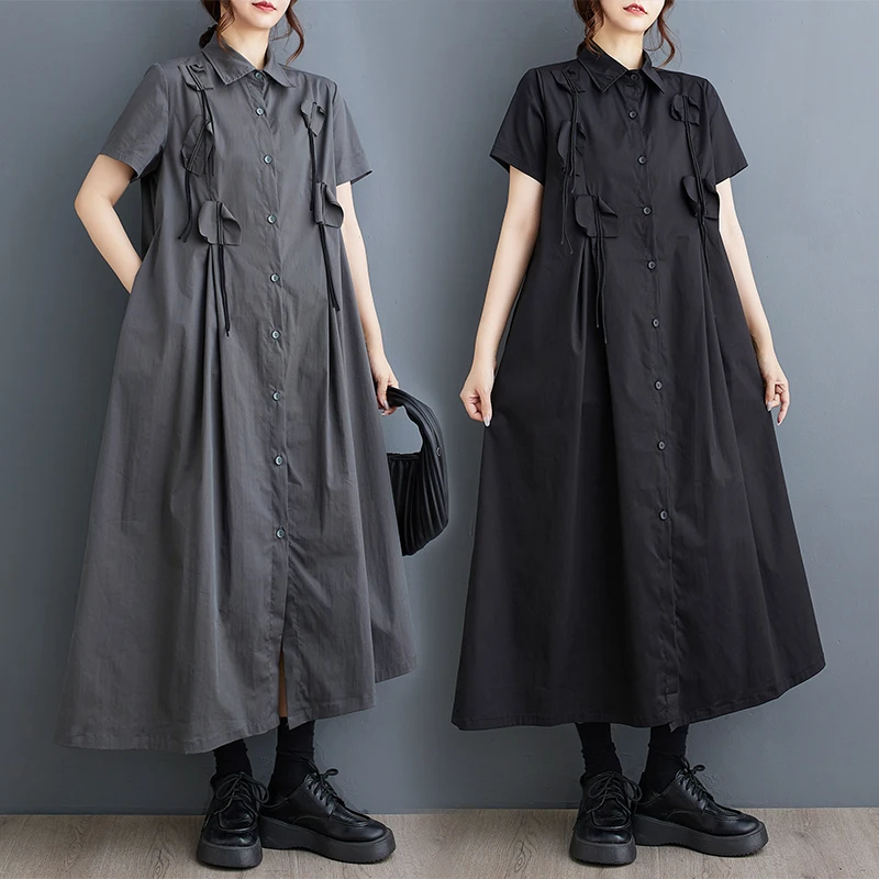 Summer Loose Large Size Patchwork Casual Commute ort Sve irt Dr Korean Sle A-Line Skirt  Knot Single Button