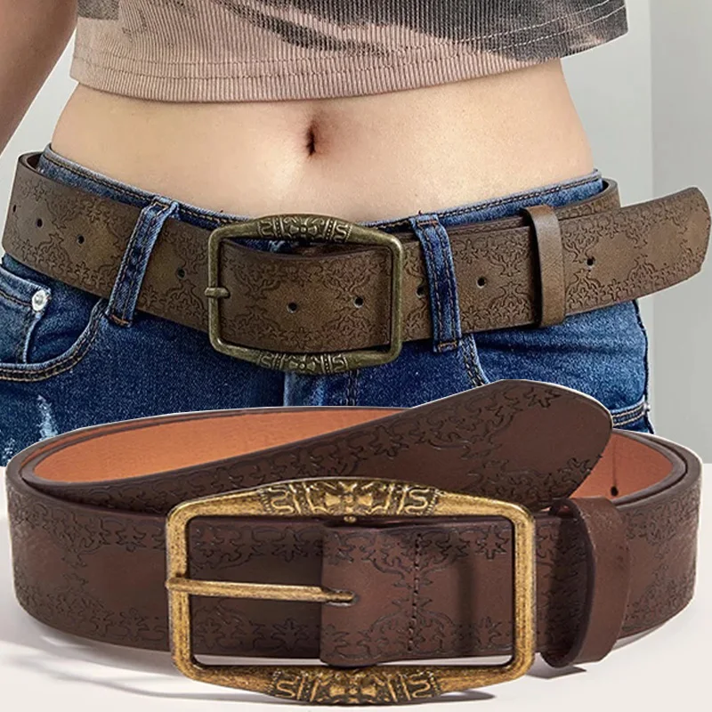 American Vintage Y2K  Brown Pattern Print Belts for Women Pu Leather Designer Brand Buckle Pin Waist Belt Waistband Accessories