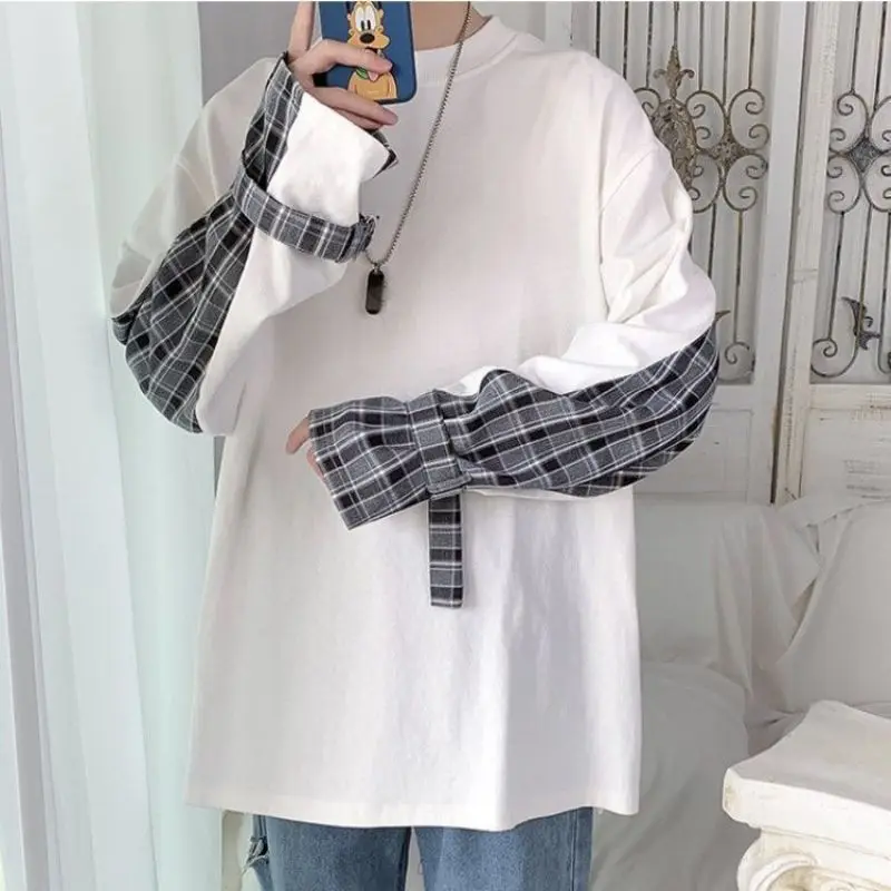 Stylish O-Neck Spliced Loose Korean Plaid T-Shirt Men Clothing 2023 Spring New Casual Pullovers Long Sleeve All-match Tee Shirt