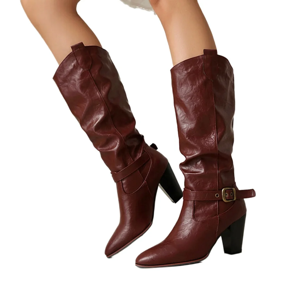 

Женские ботинки до середины икры в британском ретро-стиле с пряжкой, круглым носком, на толстом высоком каблуке, готические рыцарские ботинки, большие размеры 48-517