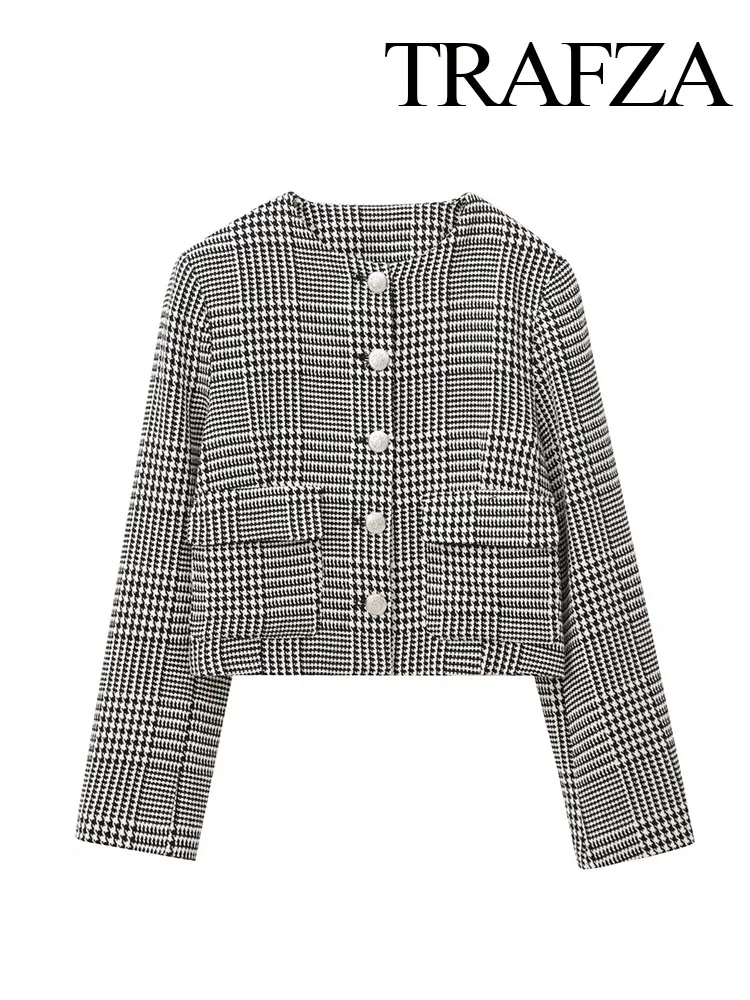 TRAFZA-Veste à Carreaux pour Femme, Col Rond, Manches sulf, Poches, Simple Boutonnage, Streetwear Chic, Style Combiné, Nouvelle Mode, Automne