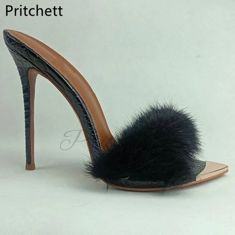 المعادن تو فو الفراء خنجر المرأة النعال مثير موضة 12 سنتيمتر أشار تو عالية الكعب أحمر أسود المدرج أحذية الصيف الصنادل