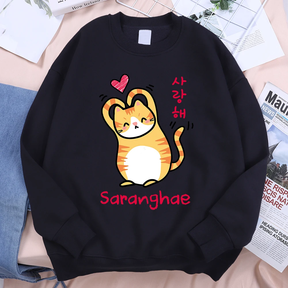 Saranghae Cartoon Cute Refill Kitten Men Women Hoodie Vintage Fleece Sweatshirt Fashion Loose Streetwear Hip Hop Fleece Hoody