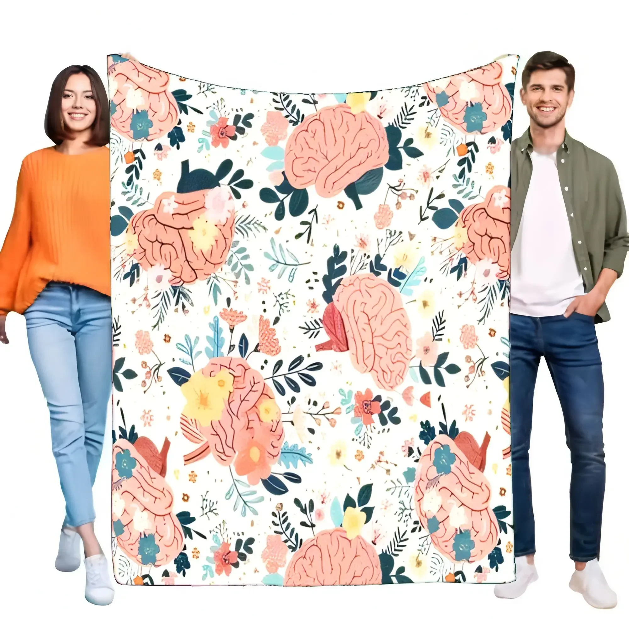 Soft Cozy Flannel Brain Floral Blanket Lightweight Throw Bed Sofa Couch Unique Anatomical Neuroscience Doctor Nurse Student Gift