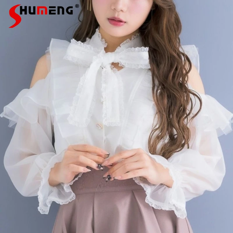 

Japanese Sweet Mass Production Ruffled Tops Women 2024 Spring New Elegant Floral Plaid Lace-up Long Sleeve Shirt Blusa Feminina