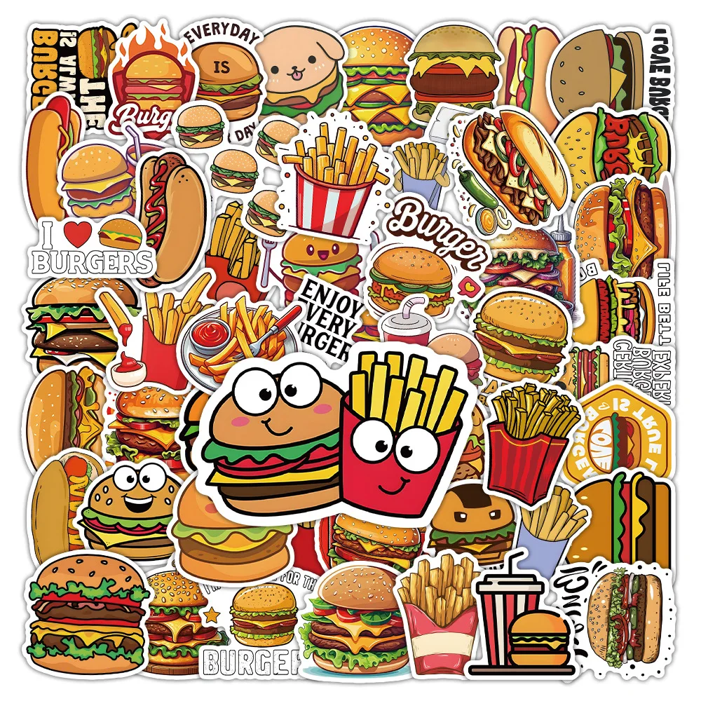 

10/50PCS burger fries cartoon doodle fashion personalized decoration mobile phone waterproof sticker Kids Toy