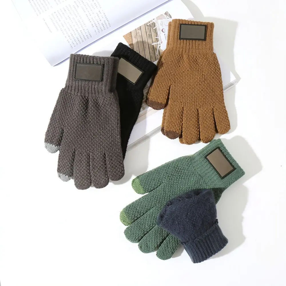 Mens Winter Thermal Gloves Thickened Knitted Fabric Windproof Touch Screen Comfortable For Cycling Running Outdoor Activity Wear