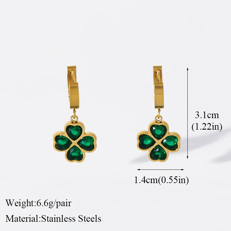 GANEMLY 316L Stainless Steel Green Clover Crystal Earrings For Women Fashion New Party Gift Ear Dangle Waterproof Jewelry Bijoux