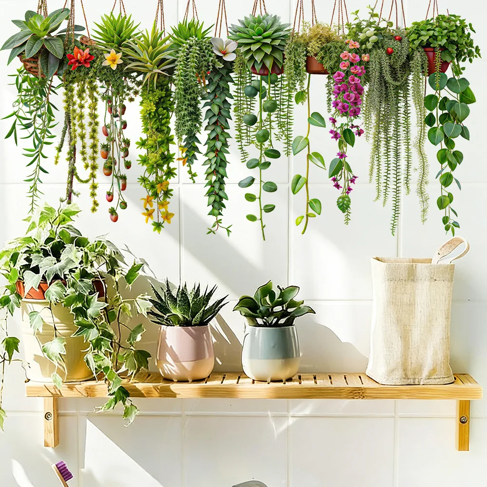 1 Pack Hanging Plants Wall Decal Vibrant Watercolor Greenery Sticker PVC - Bedroom Living Room Kitchen Decor