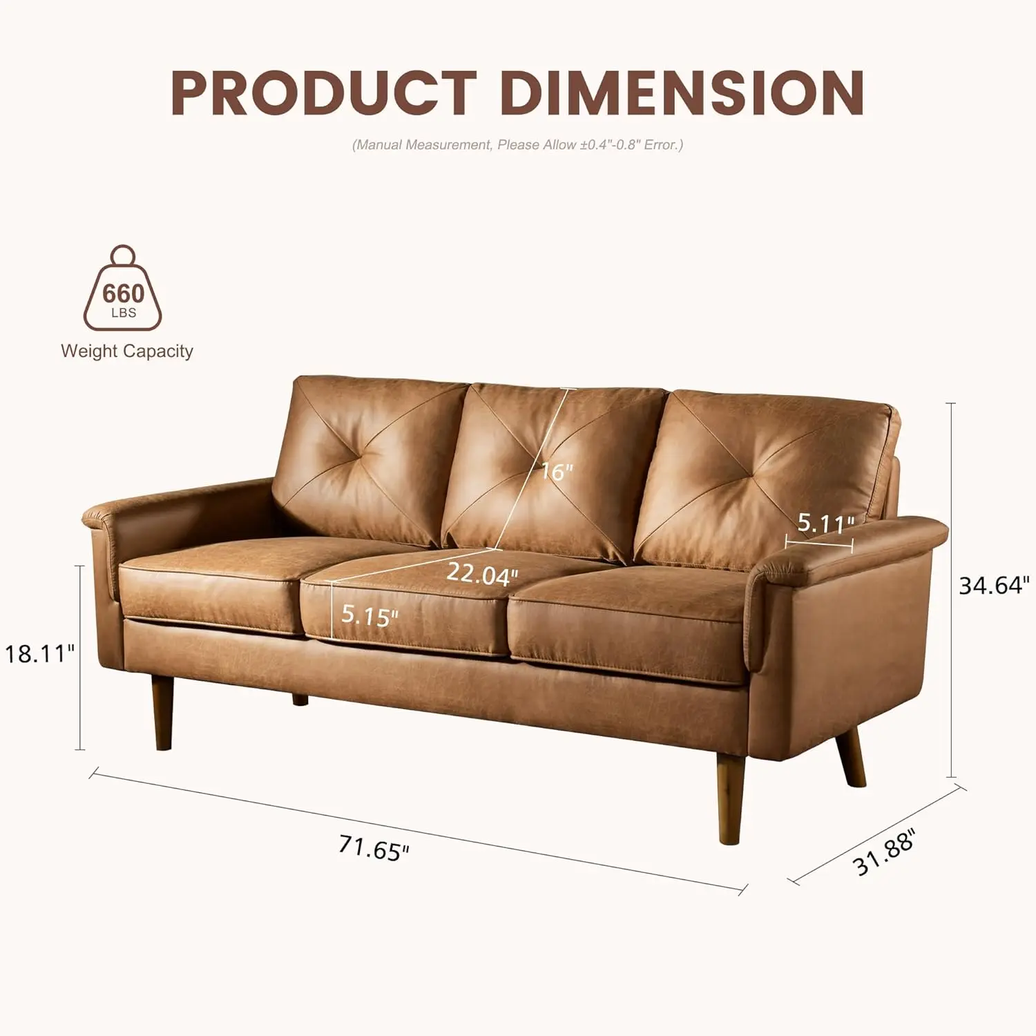 Luxury 3 Seater Sofa with Faux Leather,Mid-Century Modern Couch with Comfortable Armrest,Comfy Couches with Deep Seat,Small