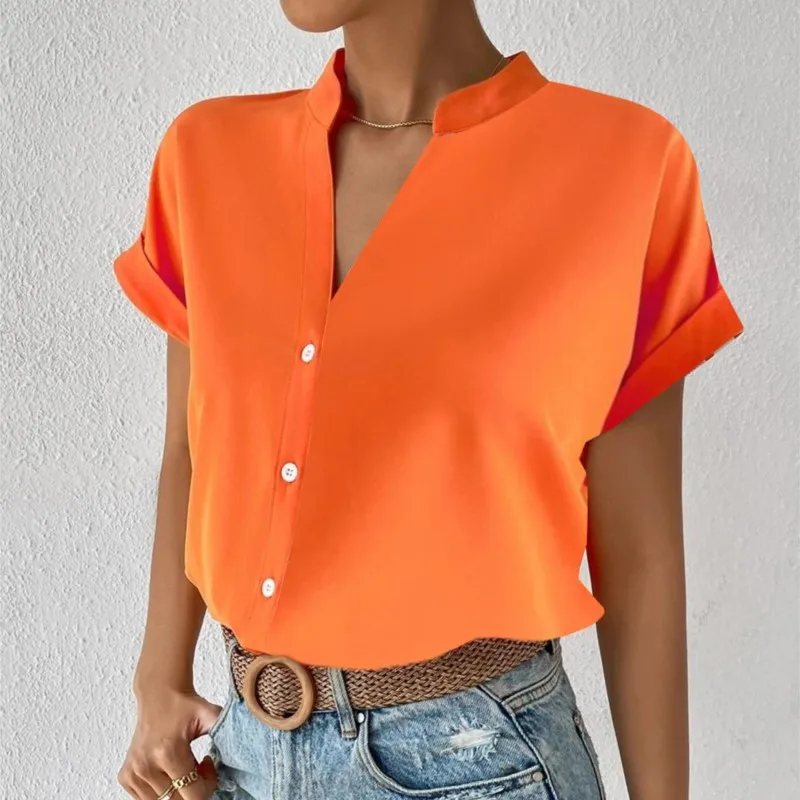 2024 verão com decote em v camisa feminina casual senhora do escritório cor sólida manga curta único breasted elegante blusa feminina femme blusas