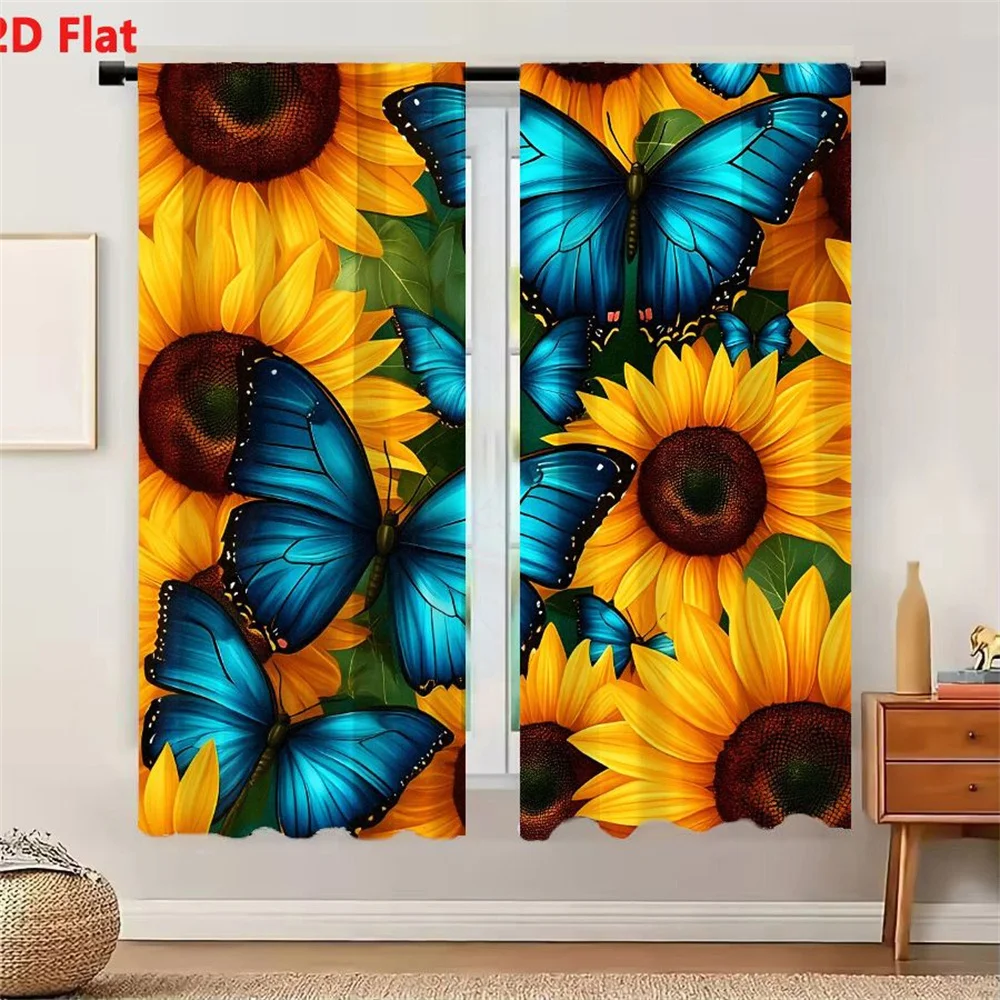 2Pcs Curtains Vibrant Sunflower And Blue Butterfly Digital Illustration For Textile Wallpaper Design Window Drapes for Bedroom R