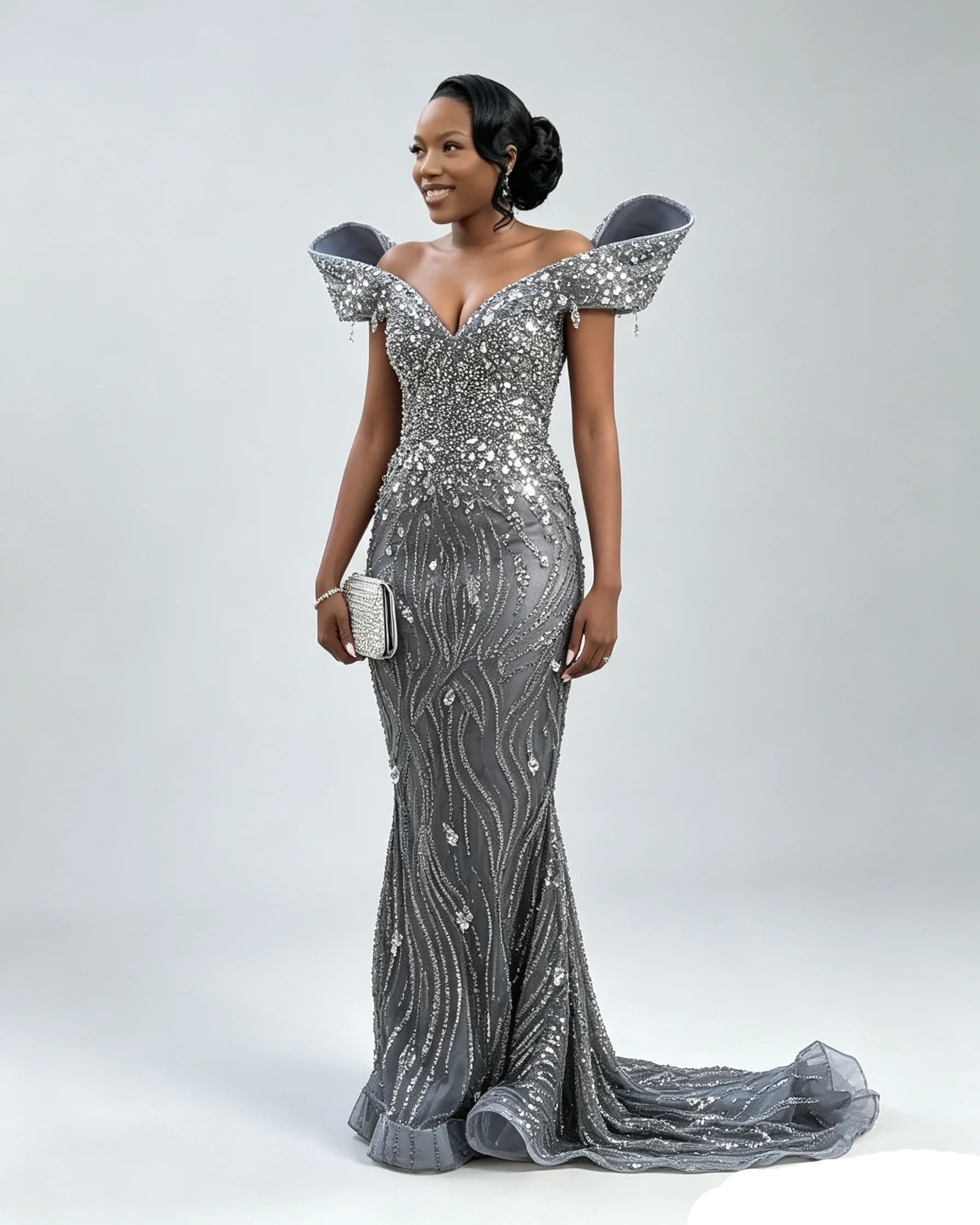 Aso Ebi Grey Off Shoulder Evening Dresses Luxury Mermaid Beading Wedding Party Gowns Customized Cocktail Crystals Prom Dress