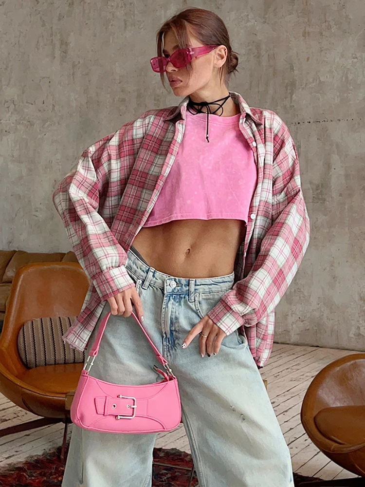 Mnealways18 Pink Casual Oversize Checked Shirts Women Turn Down Collar Street Style Button Ladies Blouses And Tops Autumn 2024