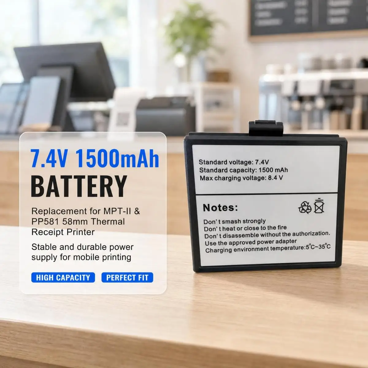 7.4V 1500mAh Replacement Battery Compatible with MPT-II PP581 Portable 58mm Bluetooth Thermal Mobile Receipt Printer