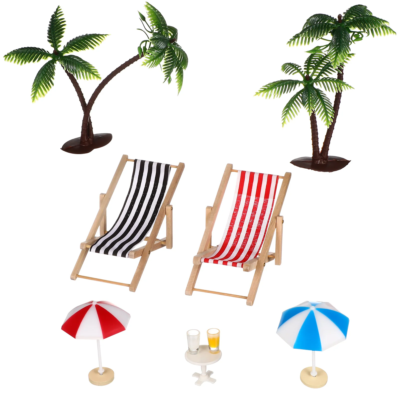 Ensemble de mini palmiers miniatures, micro paysage de plage, chaises longues, parasol, boissons, table basse ronde, ornement pour la maison