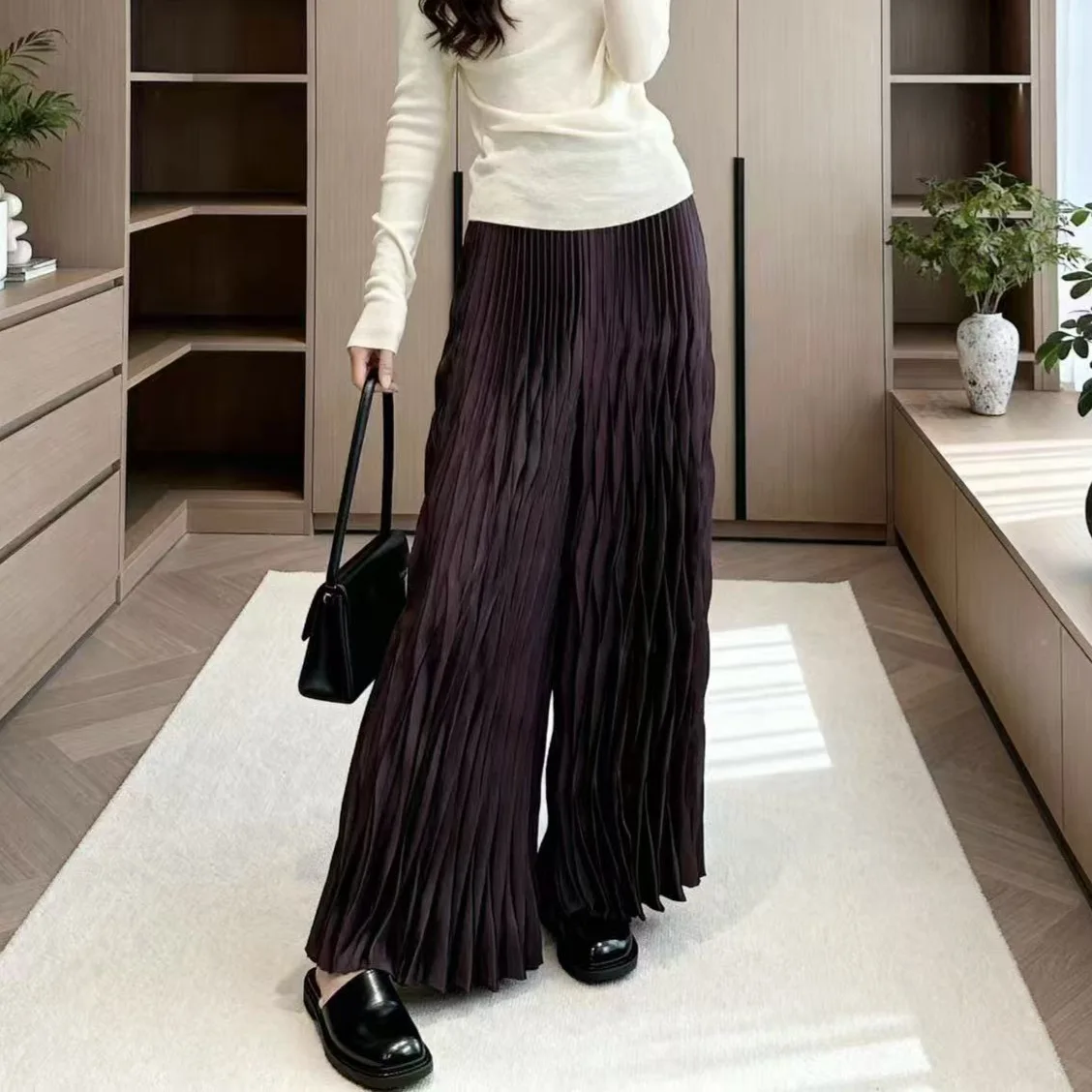 

Miyake нишевые дизайнерские плиссированные брюки для женщин, новинка 2025, свободные повседневные широкие брюки с эластичной резинкой на талии, прямые брюки