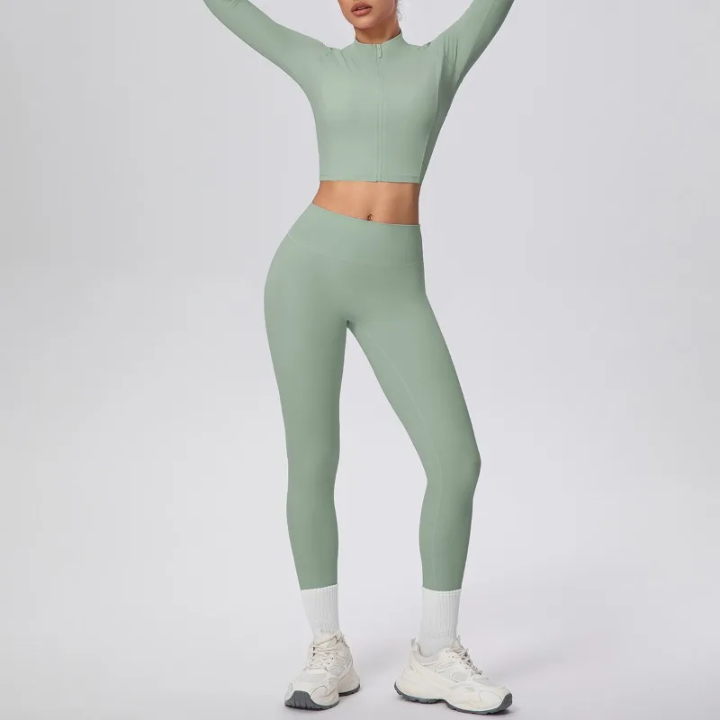 

Women's Bare Feel Yoga Set Double-Sided Brushed Short Long Sleeve Top High Waist Stretchy Tight Pants for Running Gym Workout