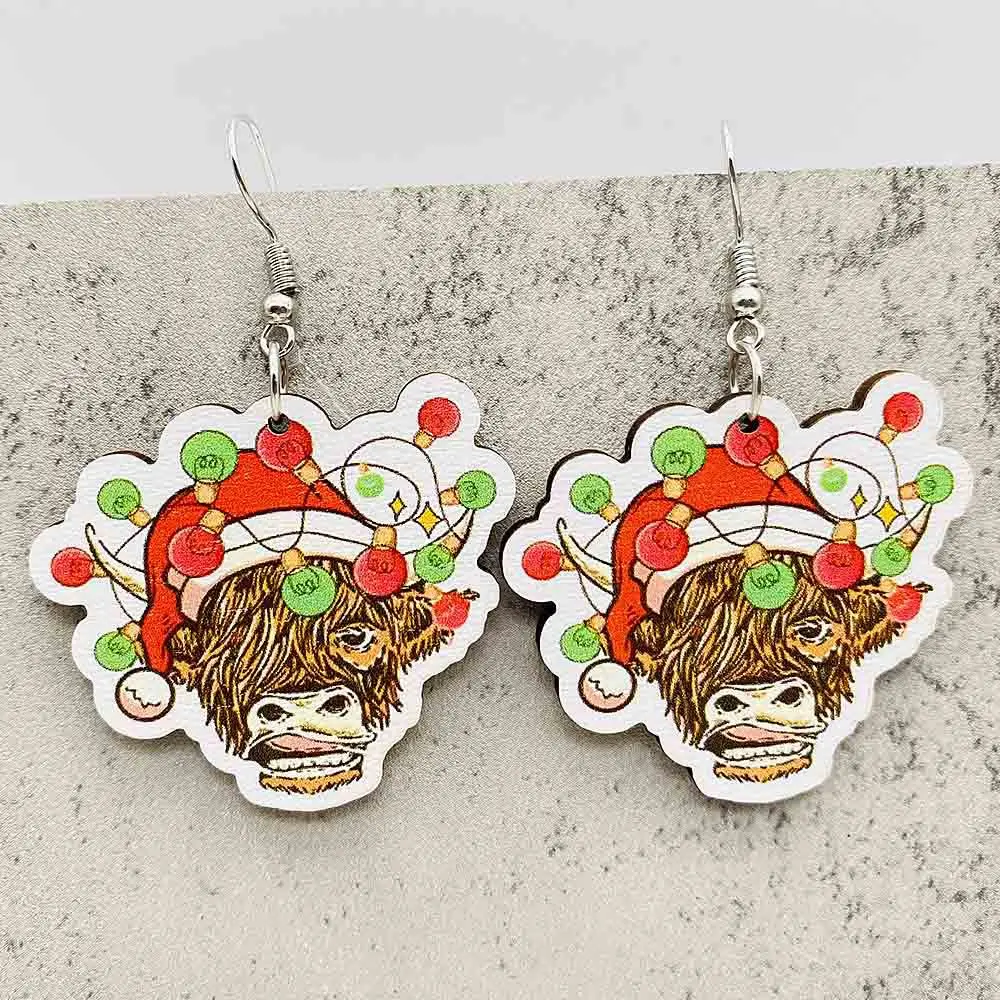 Christmas Wooden Earrings Colorful Lights Cows Christmas Hats Beer Cups Earrings Jewelry for Women Gifts Christmas Decoration