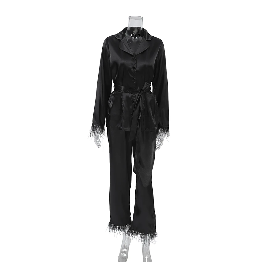 HiLoc Sleepwear Sets Elegant Women Black Feather Cuffs Blouses With Loose Trousers Pajamas Female Spring Suits 2026 New