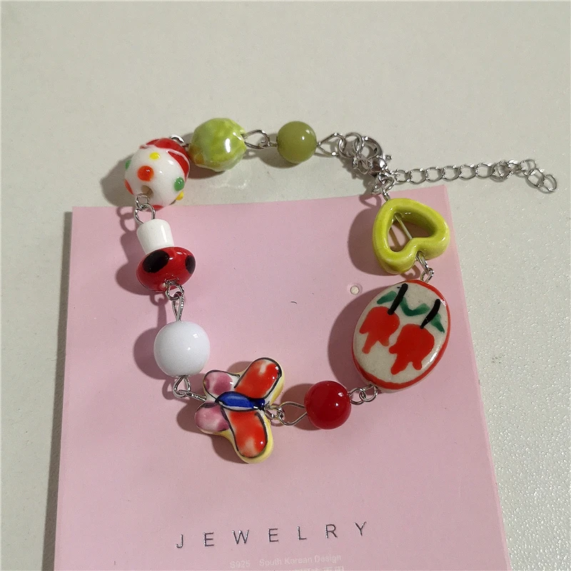 Kpop Harajuku Aesthetic Butterfly Love Star Ceramic Glass Acrylic Beaded Bracelet Girl 2000s EMO Charm Jewelry Y2K Accessories