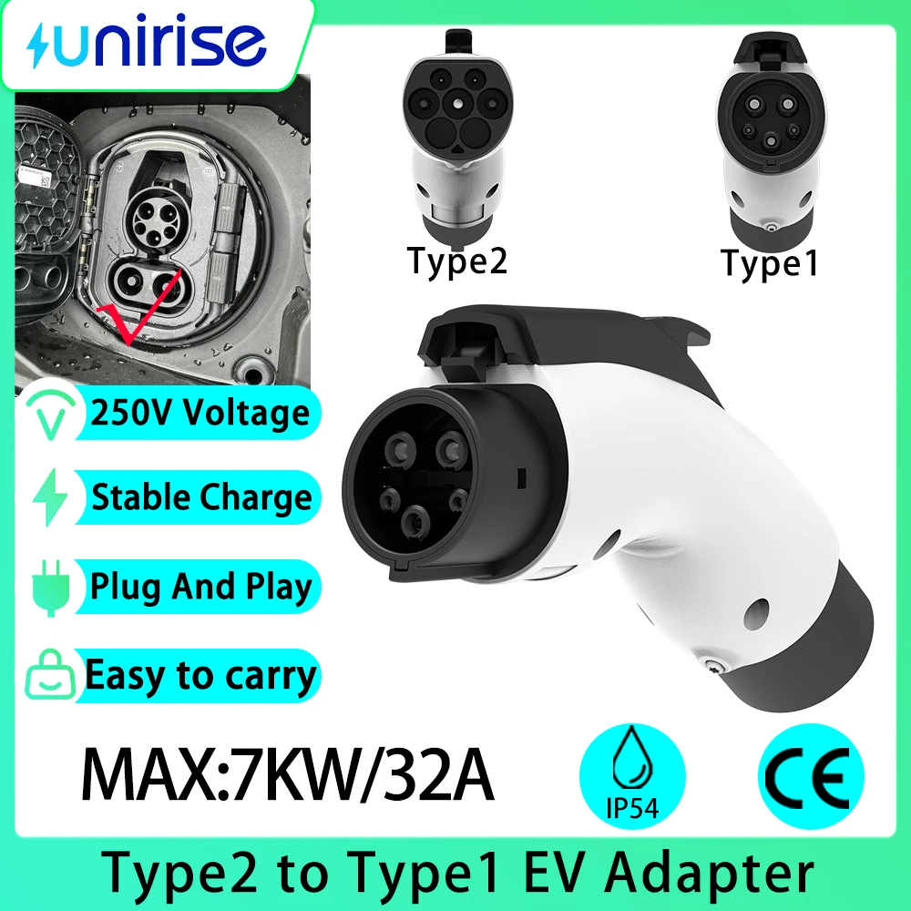 

Универсальный адаптер 32A Type2 в Type1 EV 7 кВт IEC 62196 EU, преобразователь зарядного устройства для электромобиля, разъем для зарядки автомобиля США J1772
