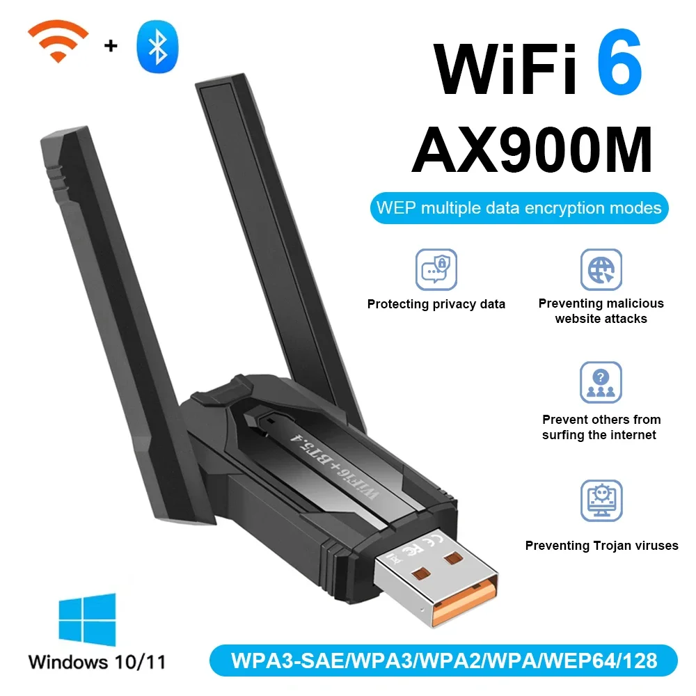 Adaptador WiFi 6 USB Bluetooth 5.4 para PC de escritorio - Adaptador de red inalámbrica AX900 con 2,4 GHz, 5 GHz, banda dual de alta ganancia 5dBi