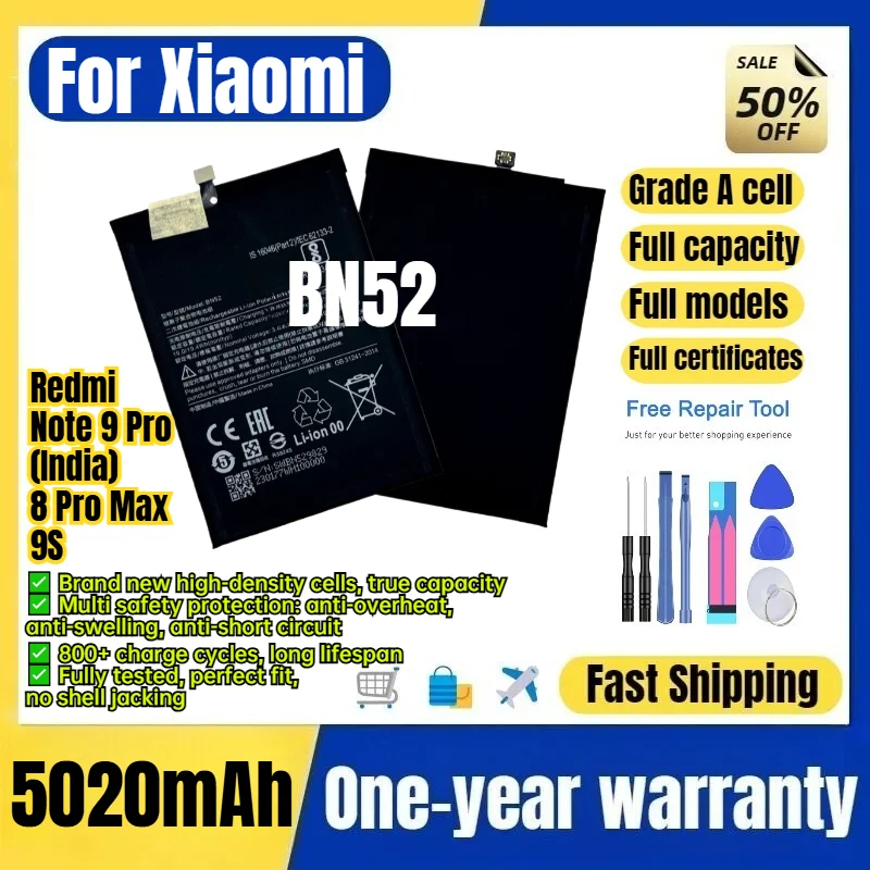 BN52 for Xiaomi Redmi Note 9 Pro(India)/8 Pro Max/9S Phone Battery 0Cycle High Capacity Battery Replacement Bateria Grade A Cell