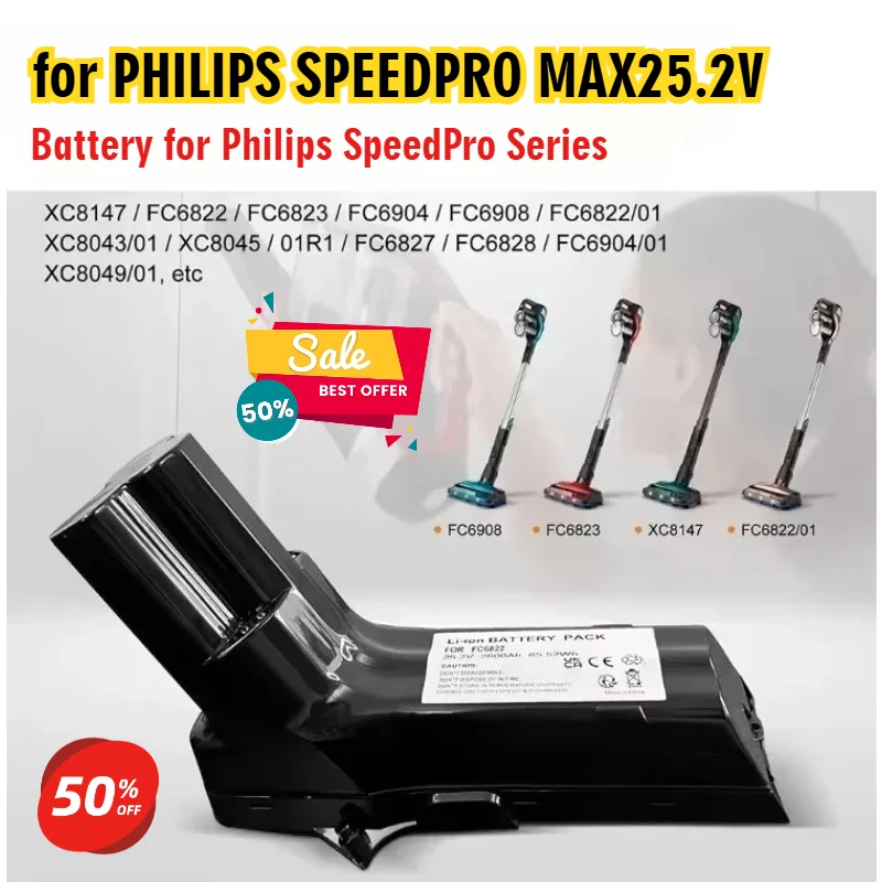 

25.2V Battery for Philips Vacuum Cleaner SpeedPro Max Aqua SpeedPro Max Stick XC8147 FC6822 FC6823 FC6904 FC6908 FC6822/01