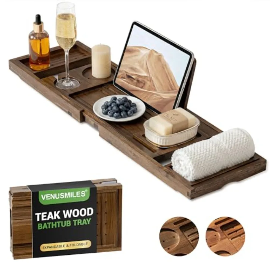 Teak Bathtub Tray Caddy Foldable Bath Tray with Expandable Handles Wine Glass and Phone Holders Book Stand for Home Spa Relaxat
