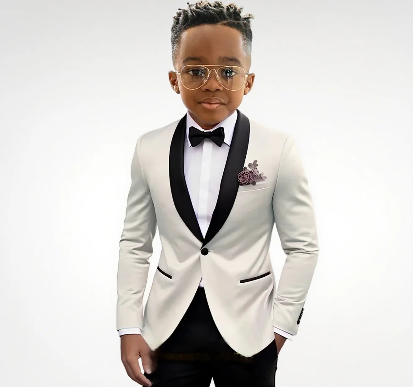 بدلة سهرة بيضاء أنيقة للأولاد مع طية صدر شال أسود لحفلات الزفاف وحفلات أعياد الميلاد طقم بدلة للأولاد أداء البيانو طقم بدلة للأولاد