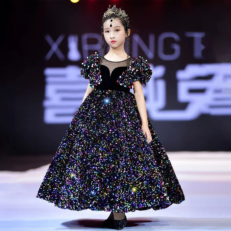 Girl's Dress Black Paillette Elegant Light Luxury Children's Princess Dress Little Girl Catwalk Host Piano Instrumental Performa