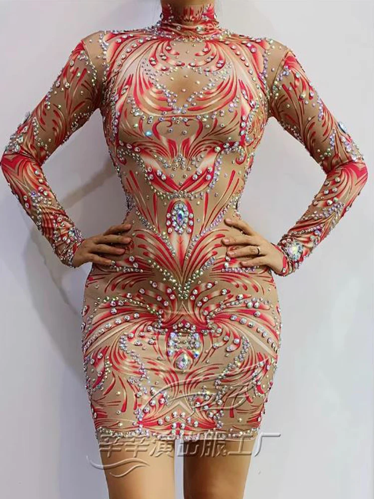 High Quality Printed Hot Diamond Elastic Slim Fit Dress 2024 New Fashion Custom Women'S Clothing