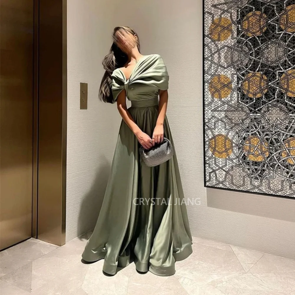 

Classy Long Green Off the Shoulder Satin Evening Dresses Short Sleeves A Line Floor Length Vestidos De Noche