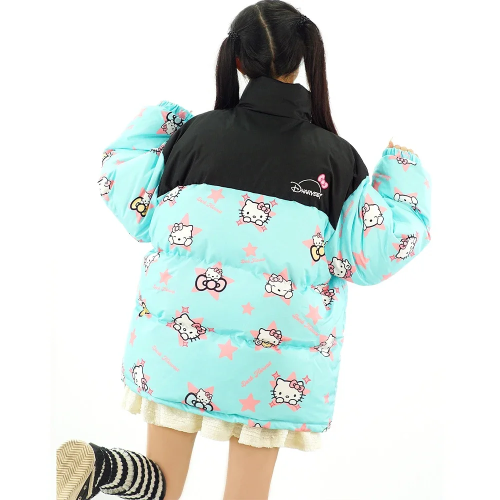 Sanrioed Hello Kitty Y2K Cotton Parkas Winter Harajuku Down Jackets Patchwork Loose Zipper Coat Casual Warm Jacket for Women