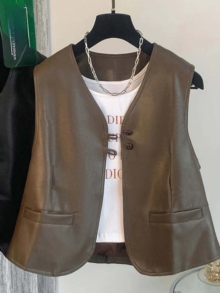 

Elegant PU Leather Vest Women's Loose Fit Sleeveless V-Neck Layering Jacket Spring Fashion Commute Style Short Length