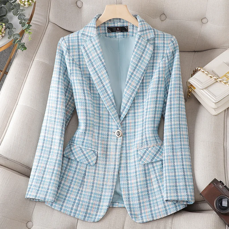 New Office Ladies Blazer Formal Jacket Women Long Sleeve Blue Apricot Plaid Woolen Blazers Female Business Work Coat Outerwear