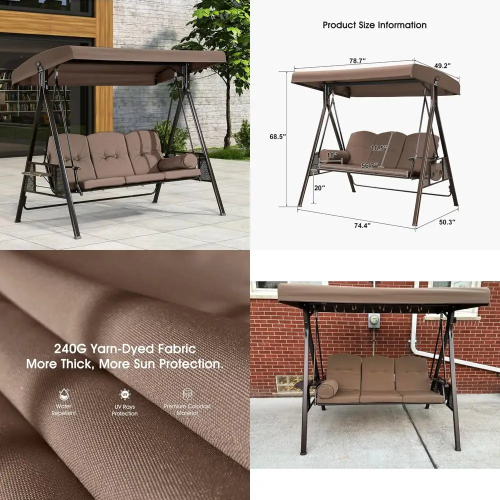 

Weatherproof 3-Person Patio Swing with Adjustable Canopy, Steel Frame, Cushions, and Pillows