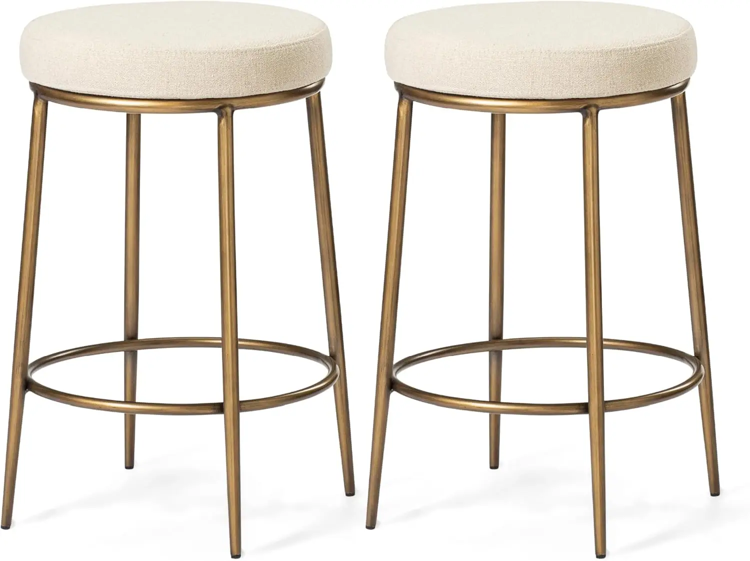 

26' Round Counter Stools Set of 2 with Footrest, Gold Metal Frame, Natural Fabric Upholstery for Kitchen Island and Counters
