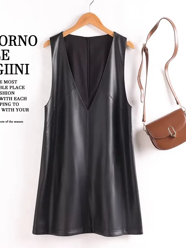 

Жилет из натуральной кожи Dr, женский жилет средней длины с v-образным вырезом из овчины для похудения Dr, модный жилет на молнии, свободный крой без све