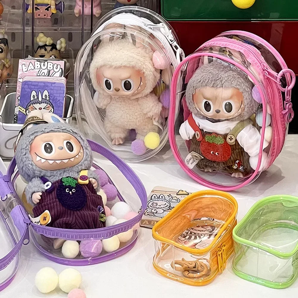 for 17cm Labubu Transparent Protector Case Organizer Box Plush Dolls Outdoor Display Bag With Keychain Doll Accessories Colorful