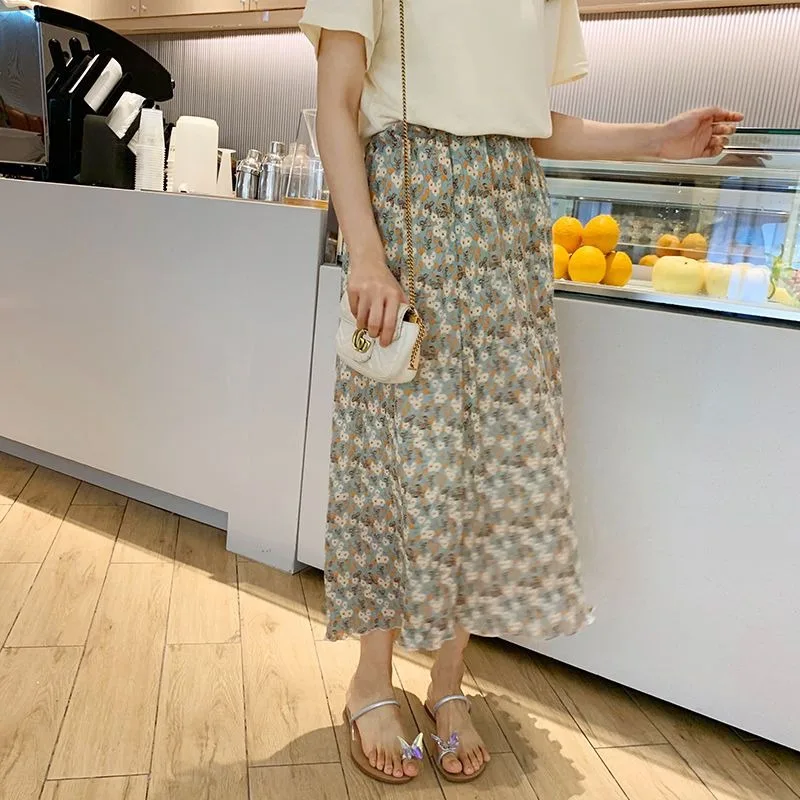 Floral Skirts Women Korean Fashion Elastic Waist Chiffon Pleated Loose Cozy Retro High Street Casual Daily Simple Summer College