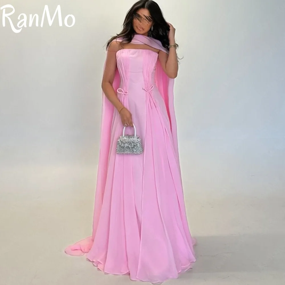 

Ranmo Elegant Pink A-line Chiffon Evening Dress Strapless Bow Floor-Length Prom Gown Sleeveless vestidos de fiesta Customsied