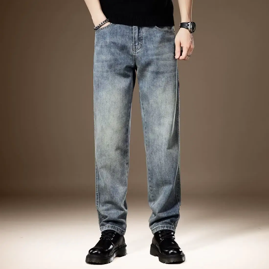 American style retro washed thin denim jeans for men loose fitting straight leg  wide leg casual long pants for men  jeans