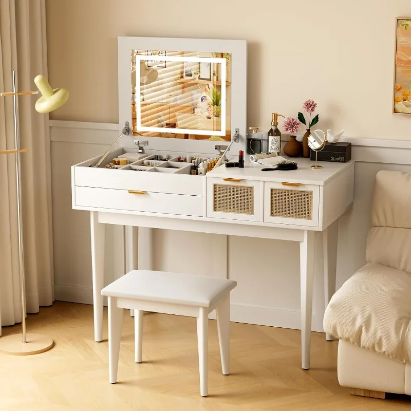 Vanity Desk, Makeup Vanity with Flip-Top Mirror & Vanity Stool, 3 Drawers Wood Makeup Table with 8 Storage Compartments