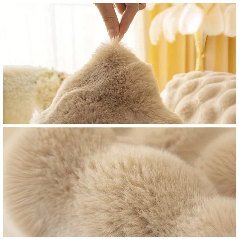 Nordic Solid Color Thick Rabbit Plush Sofa Covers for Living Room Universal Non-slip Couch Slipcovers Winter Warm Sofa Towel