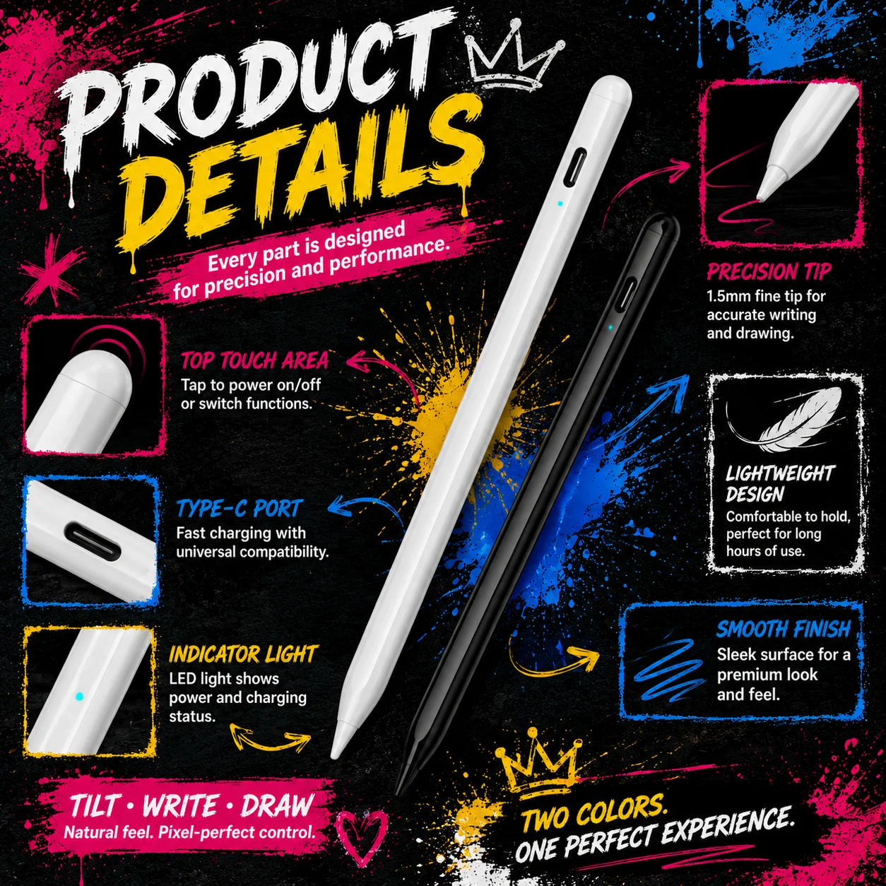 1-Light Tablet Stylus Pen for iOS, Palm Rejection Anti-Mistouch Tilt Recognition Pencil for Note Taking