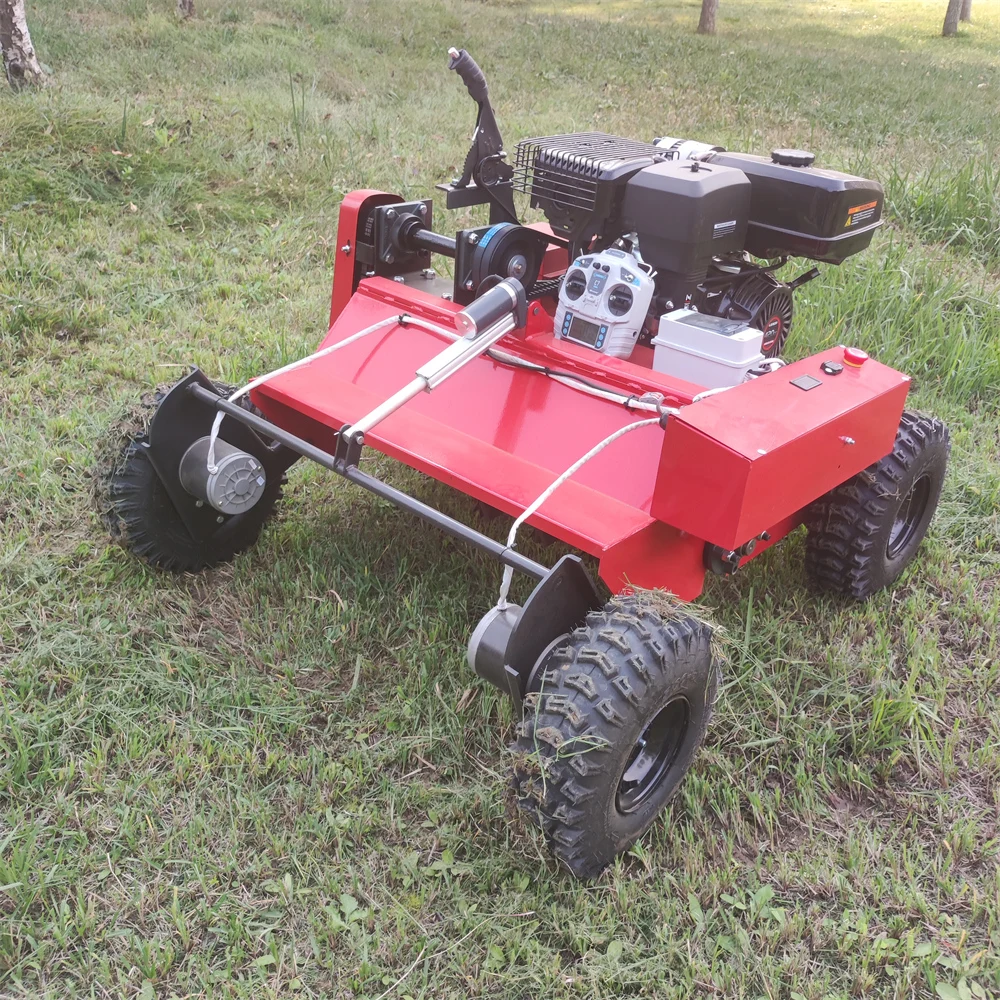 Hybrid Gasoline 200 Meters Long Distance Control Sharp Mowing Blades Remote Control Flail Robot Lawn Mower With 4 Wheels