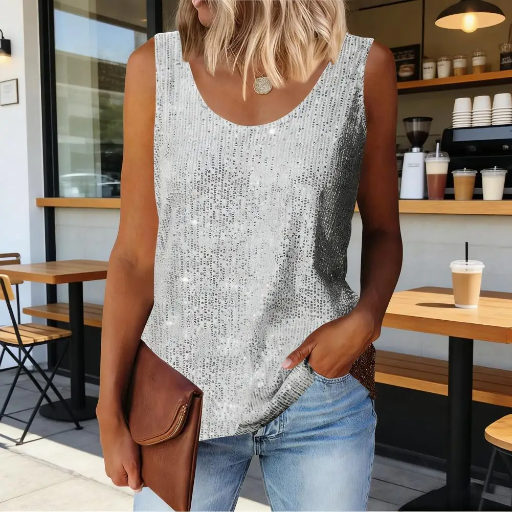

Work Tops Women’s Sequin Vest Top Soft Stretchy Round Neck Blouse Loose Fit Summer Commuting Shirt for Wear Women Summer Tops