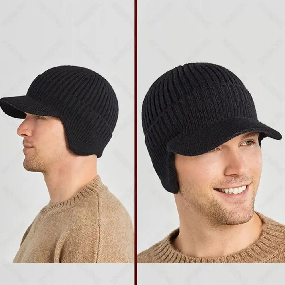 1Pcs Men Winter Black Knitted Hat Thickened Outdoor Cycling Ear Protection Warmth Peaked Cap Casual Fashion Bomber Hats
